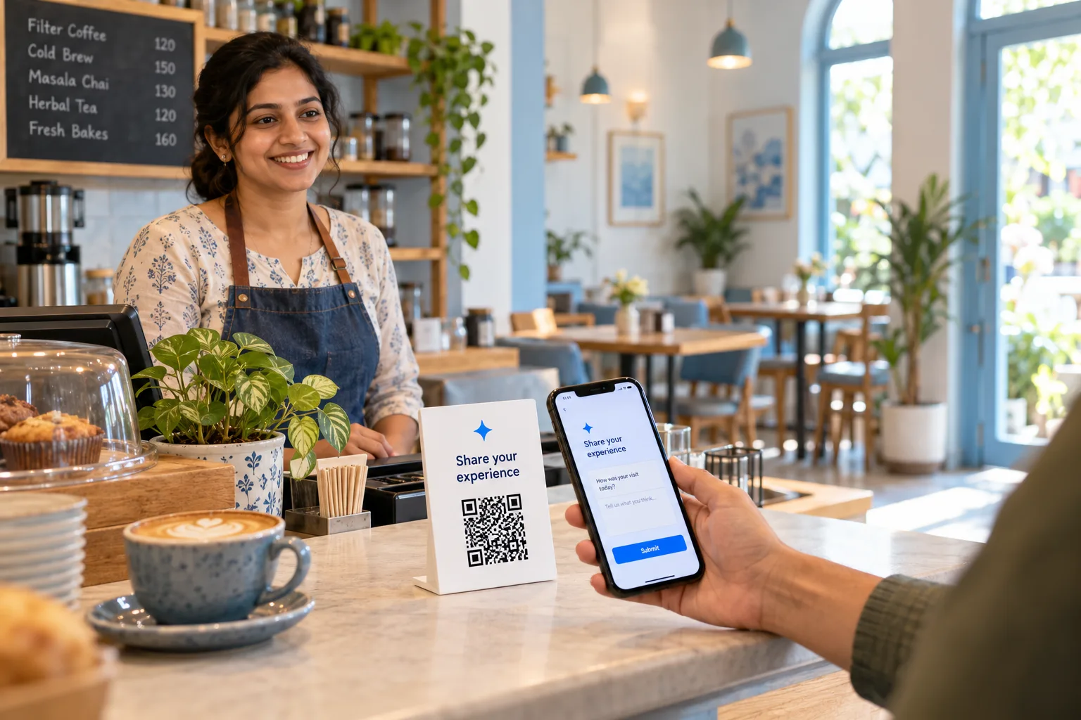 Illustrative café customer scanning a review QR code